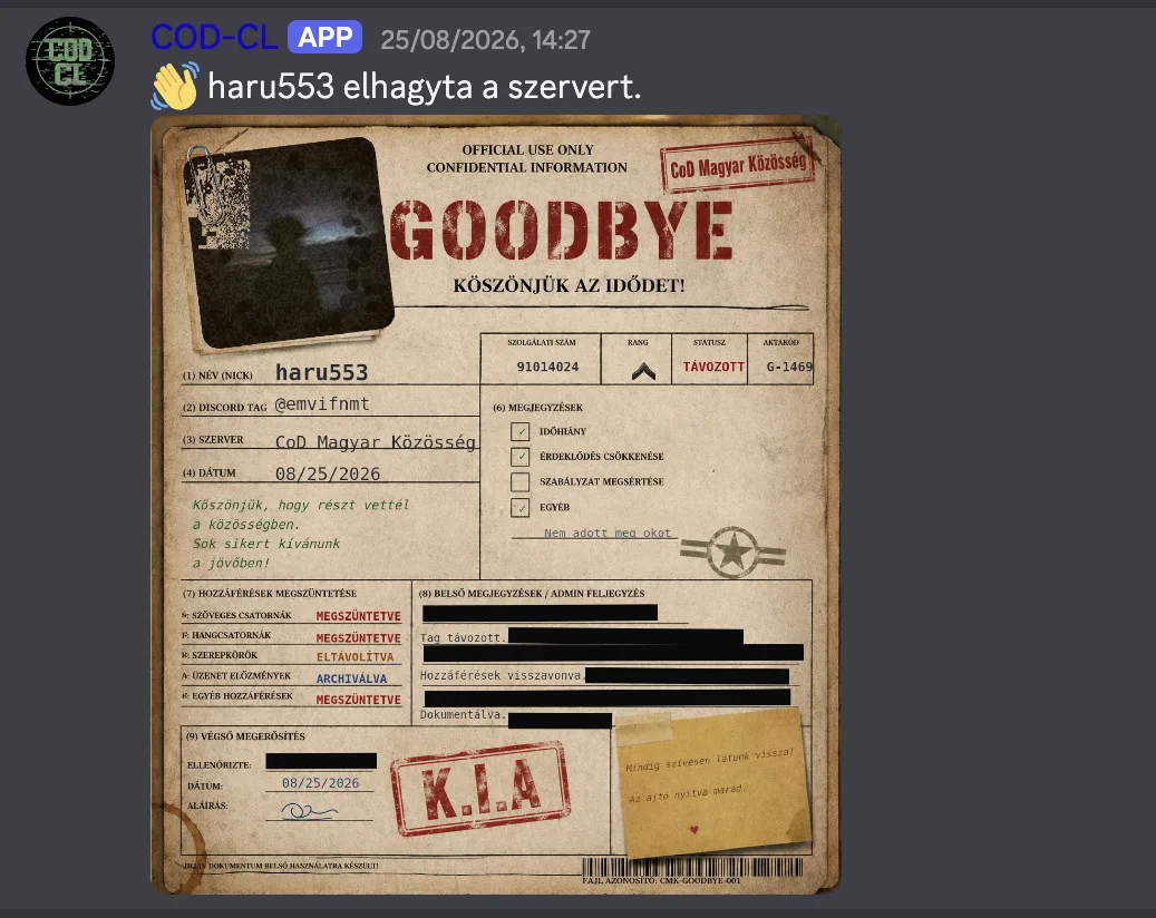 Custom member goodbye card on the CoD Magyar Közösség Discord