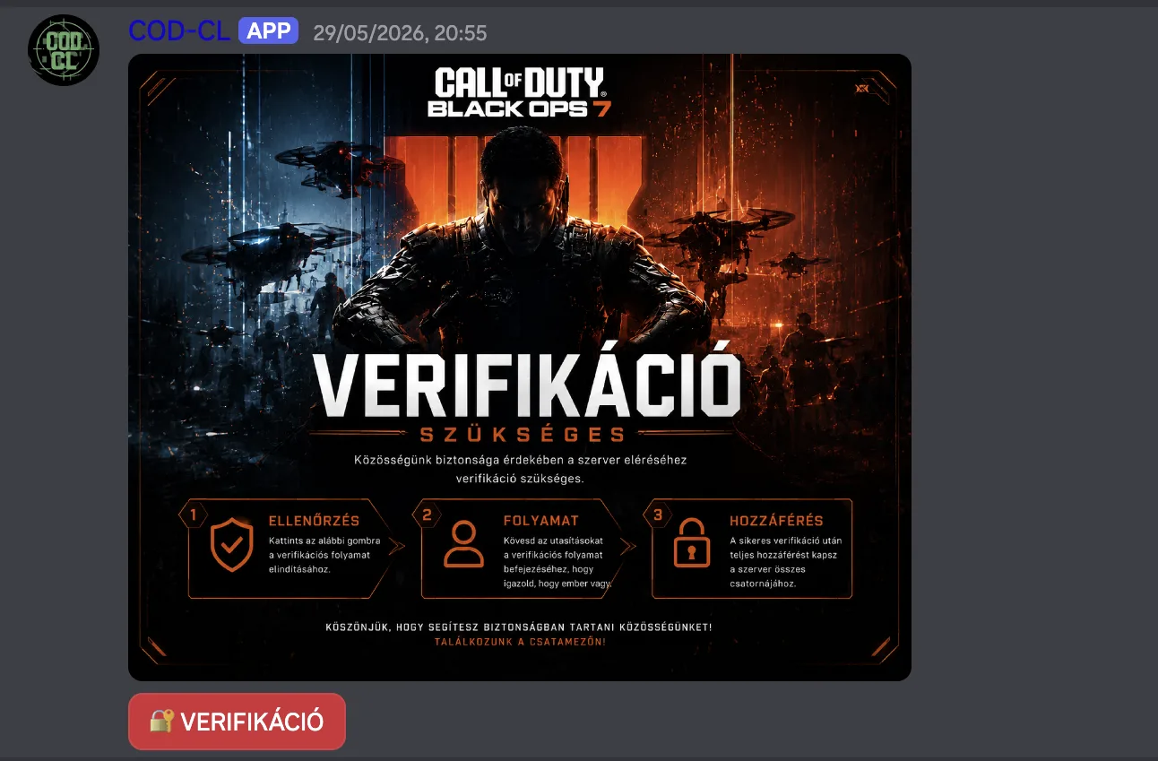Custom Call of Duty verification embed on the CoD Magyar Közösség Discord