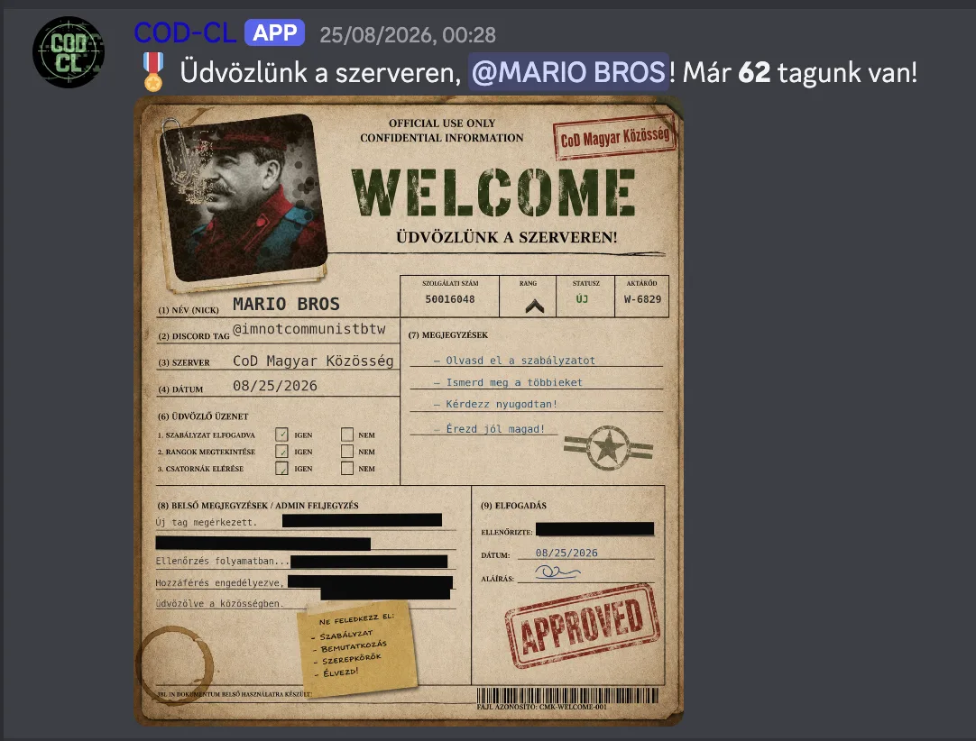 Custom member welcome card on the CoD Magyar Közösség Discord