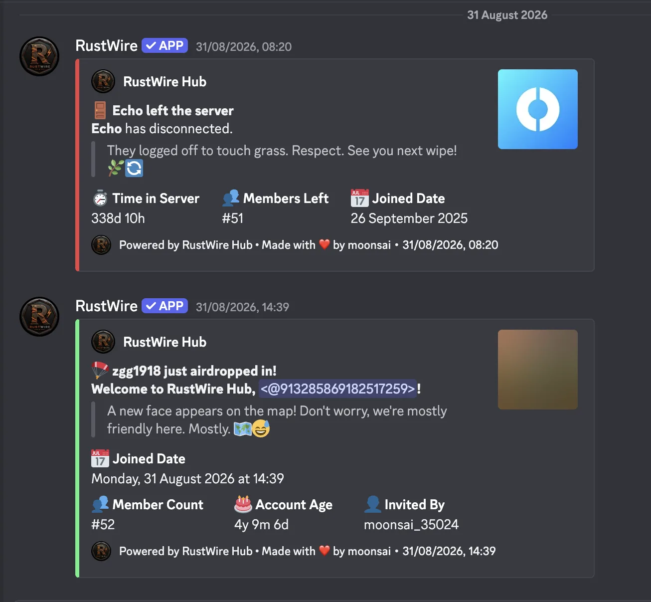 RustWire live join and leave activity log in the RustWire Hub Discord server